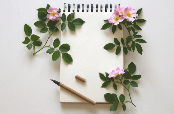 leeres weisses Blatt mit rose Blumen Tagebuch Journaling